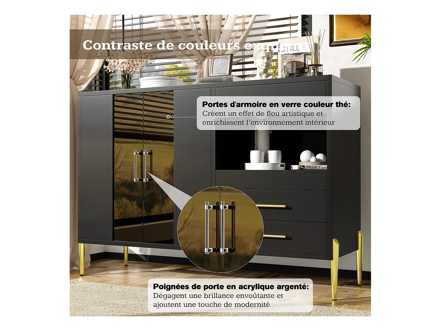 Buffet léger et luxueux noir avec porte en verre bleu canard, poignées cristal et pieds dorés – Style moderne pour salon et salle à manger