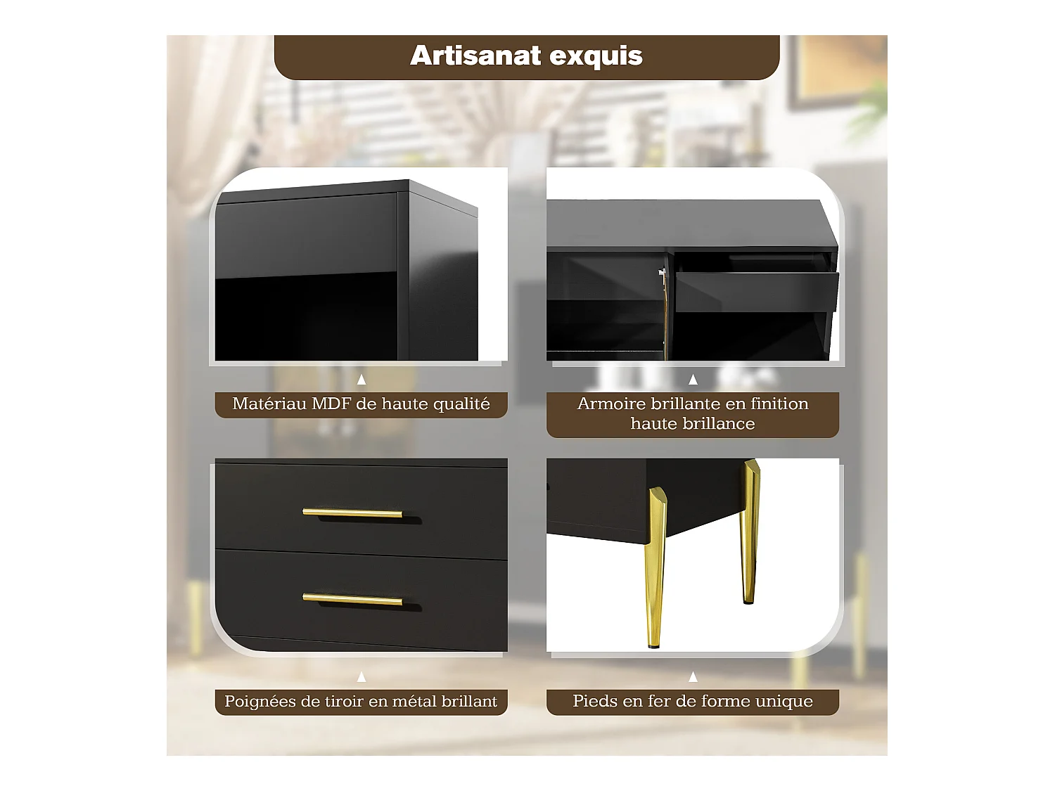 Buffet léger et luxueux noir avec porte en verre bleu canard, poignées cristal et pieds dorés – Style moderne pour salon et salle à manger