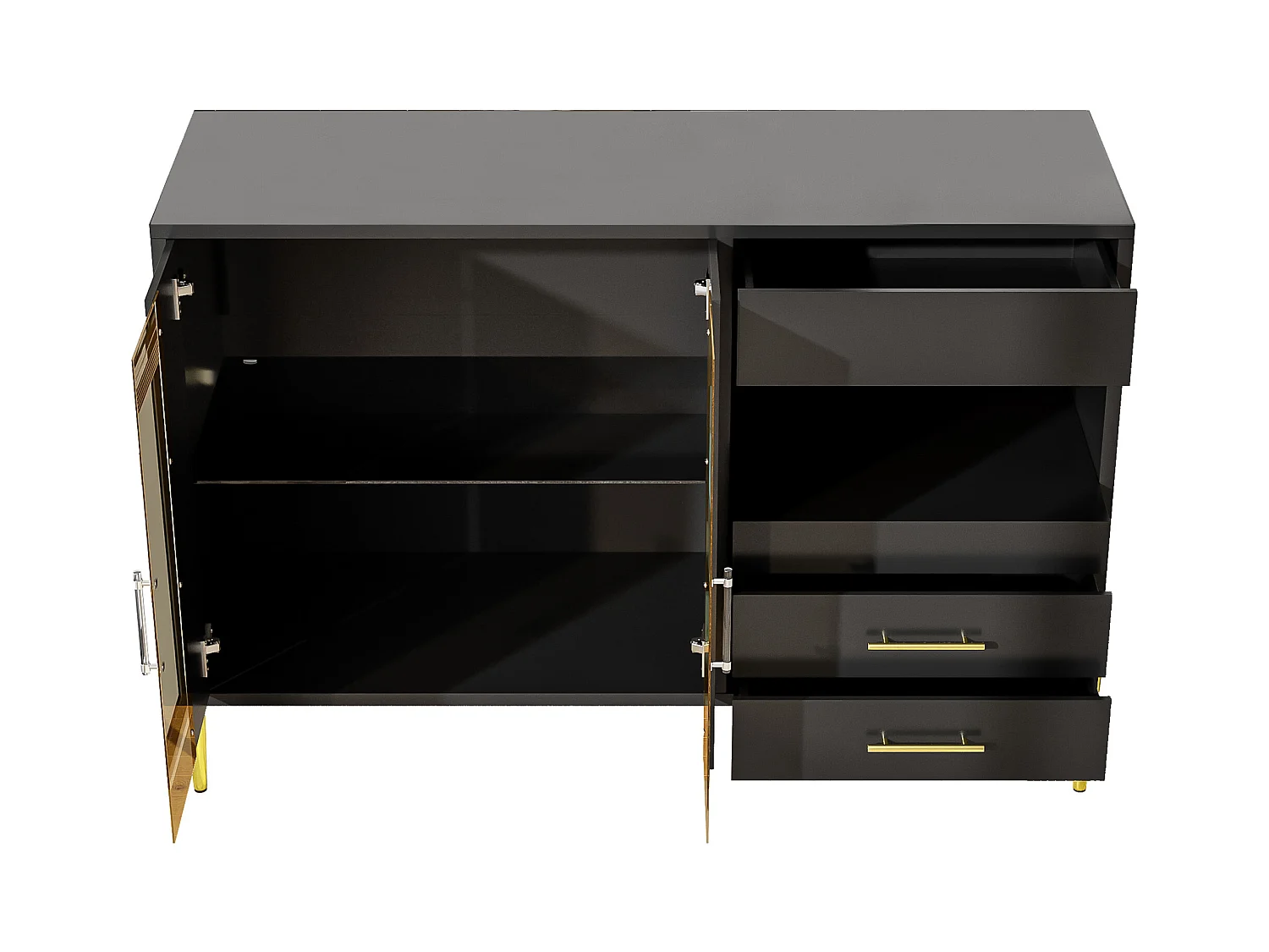 Buffet léger et luxueux noir avec porte en verre bleu canard, poignées cristal et pieds dorés – Style moderne pour salon et salle à manger