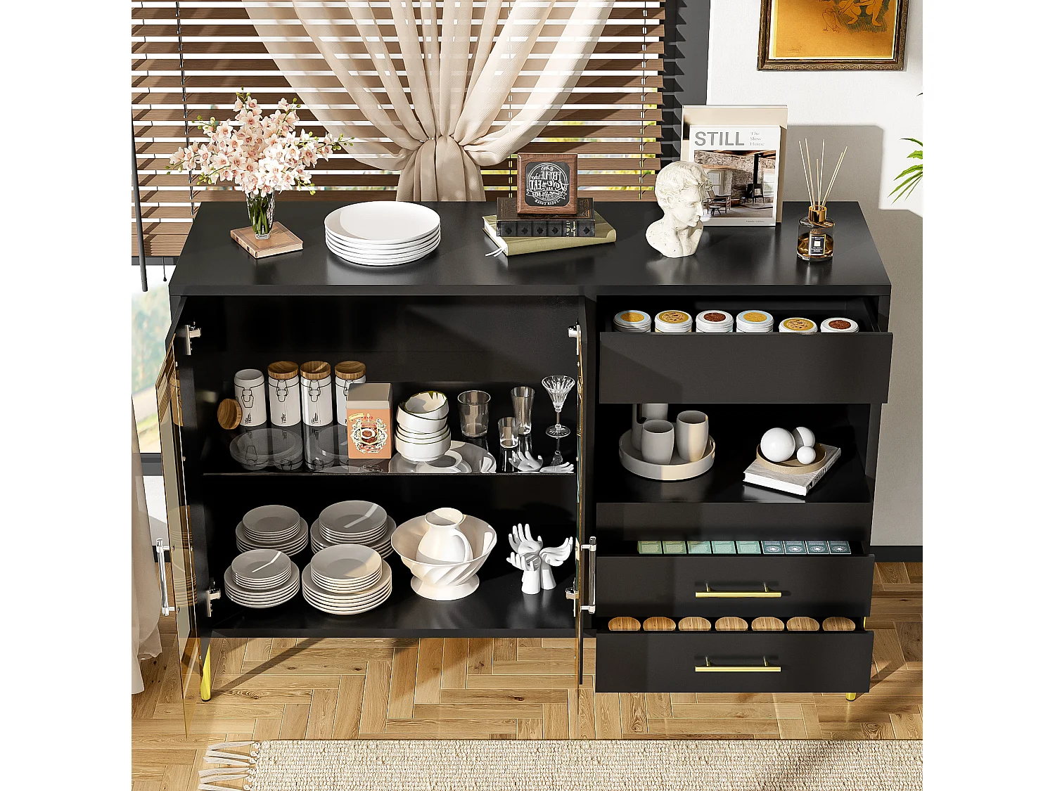 Aparador negro ligero y lujoso con puerta de cristal azul pato, tiradores de cristal y patas doradas: estilo moderno para sala de estar y comedor.