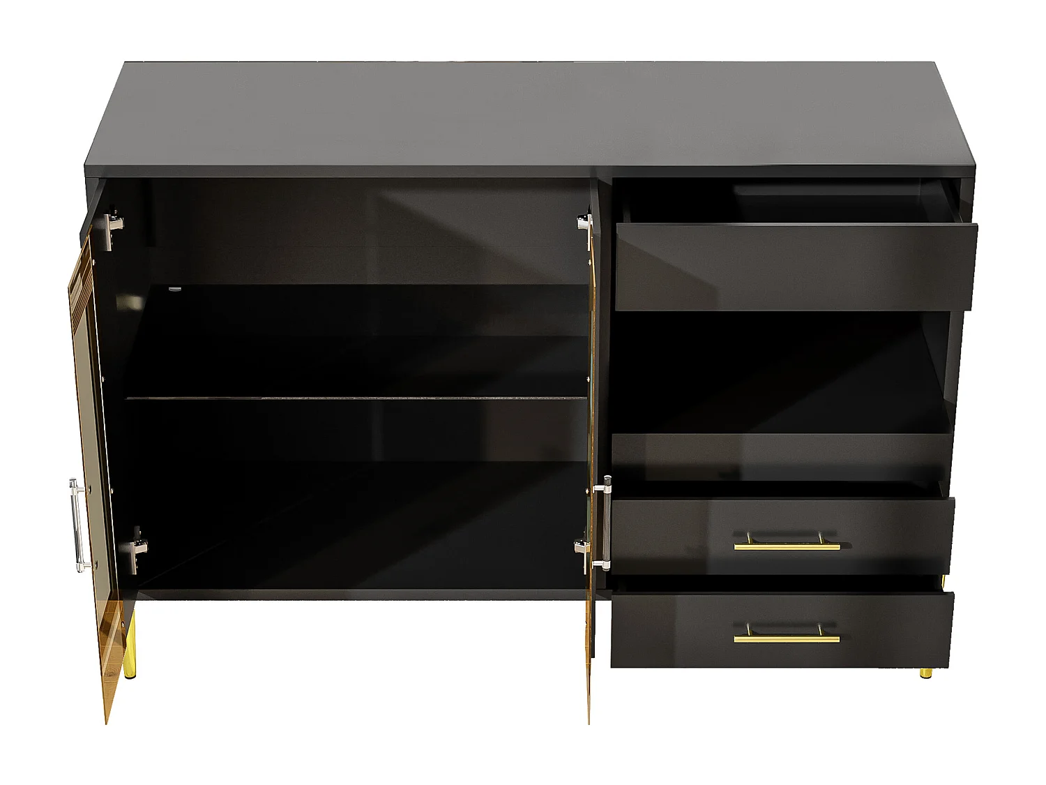 Aparador negro ligero y lujoso con puerta de cristal azul pato, tiradores de cristal y patas doradas: estilo moderno para sala de estar y comedor.