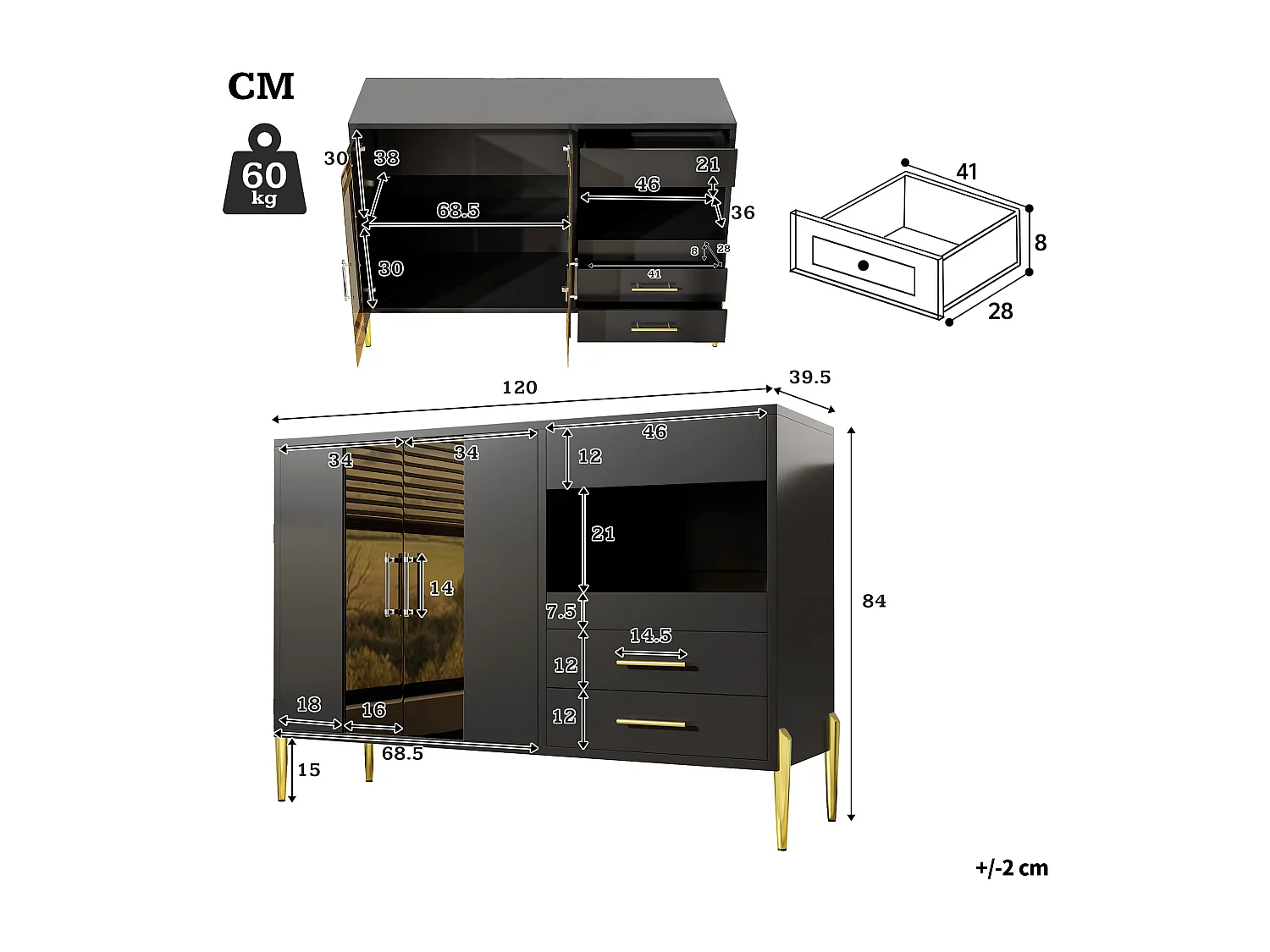 Aparador negro ligero y lujoso con puerta de cristal azul pato, tiradores de cristal y patas doradas: estilo moderno para sala de estar y comedor.