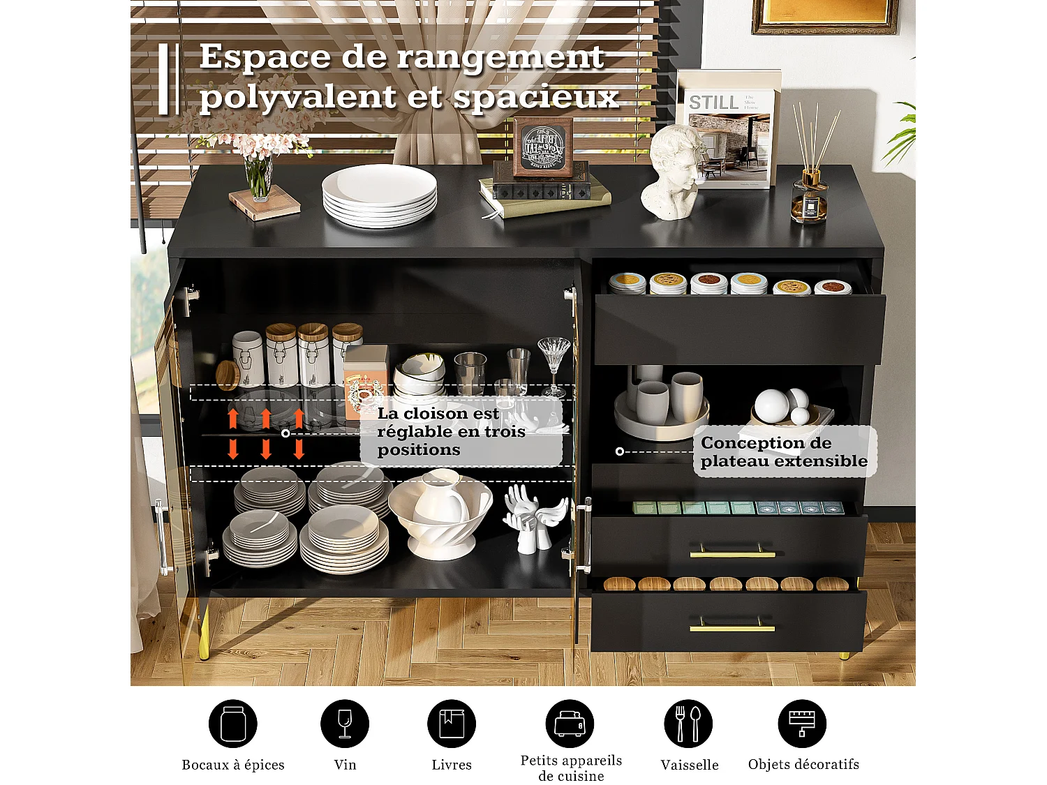 Aparador negro ligero y lujoso con puerta de cristal azul pato, tiradores de cristal y patas doradas: estilo moderno para sala de estar y comedor.