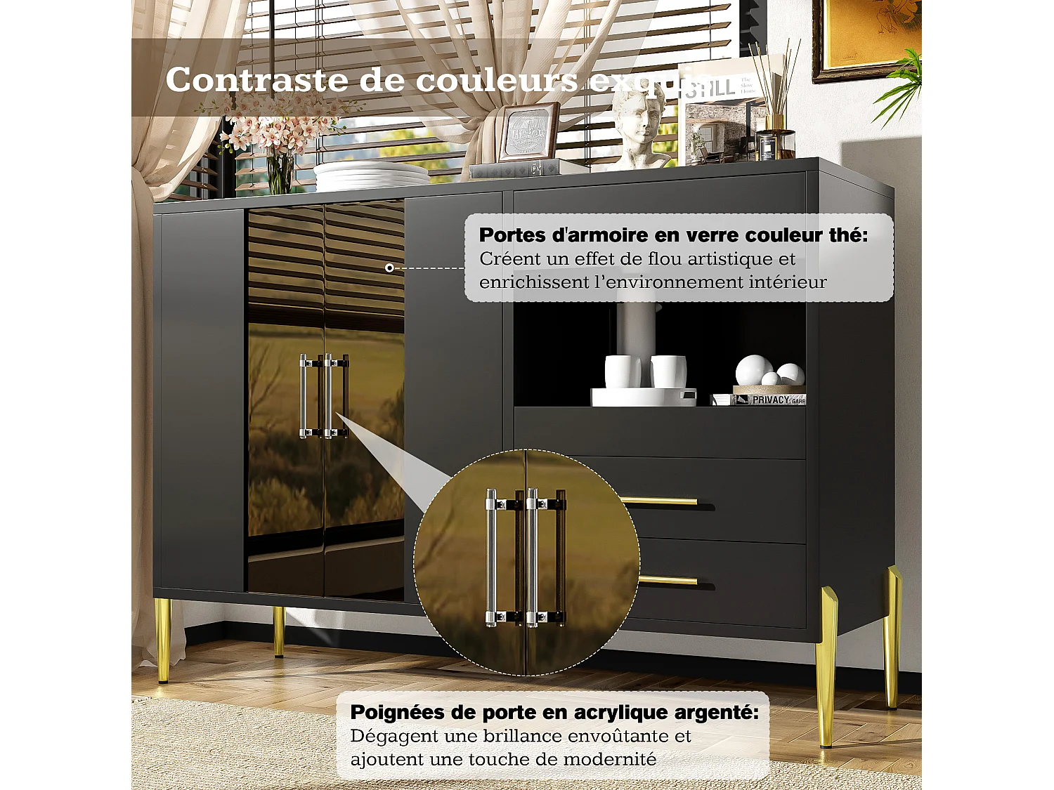 Aparador negro ligero y lujoso con puerta de cristal azul pato, tiradores de cristal y patas doradas: estilo moderno para sala de estar y comedor.