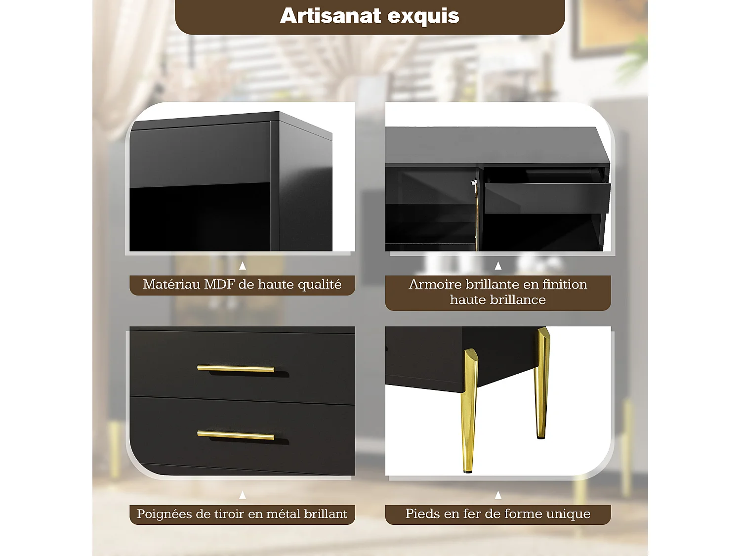 Aparador negro ligero y lujoso con puerta de cristal azul pato, tiradores de cristal y patas doradas: estilo moderno para sala de estar y comedor.