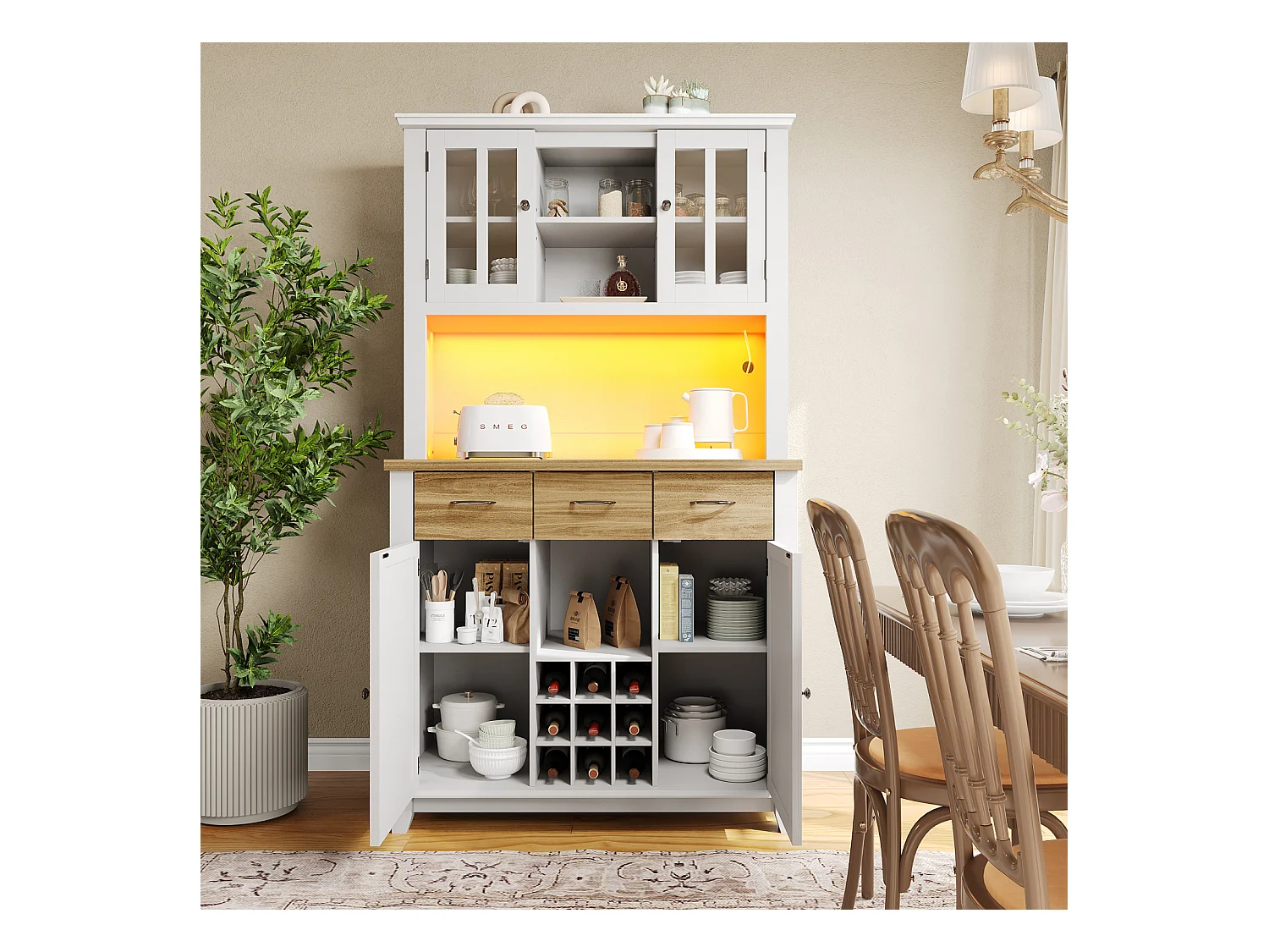 Buffet haut de cuisine avec étagères réglables et éclairage LED – Vitrine moderne avec tiroirs effet bois