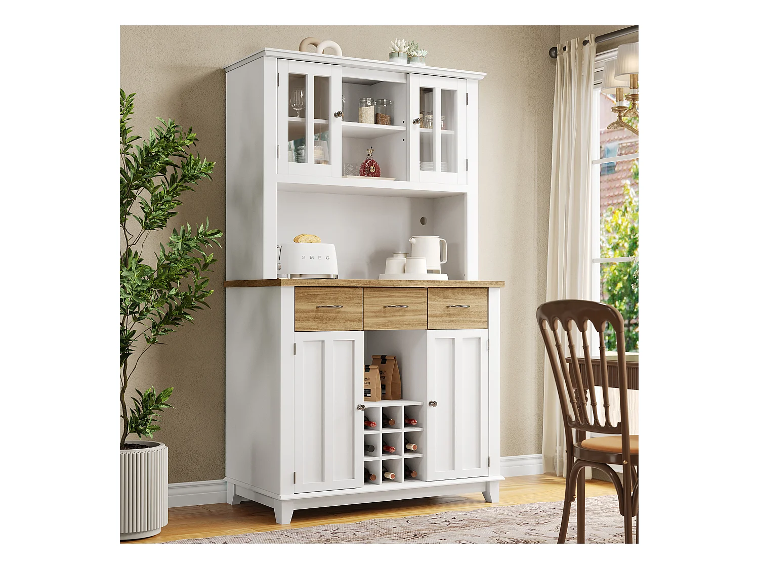 Buffet haut de cuisine avec étagères réglables et éclairage LED – Vitrine moderne avec tiroirs effet bois