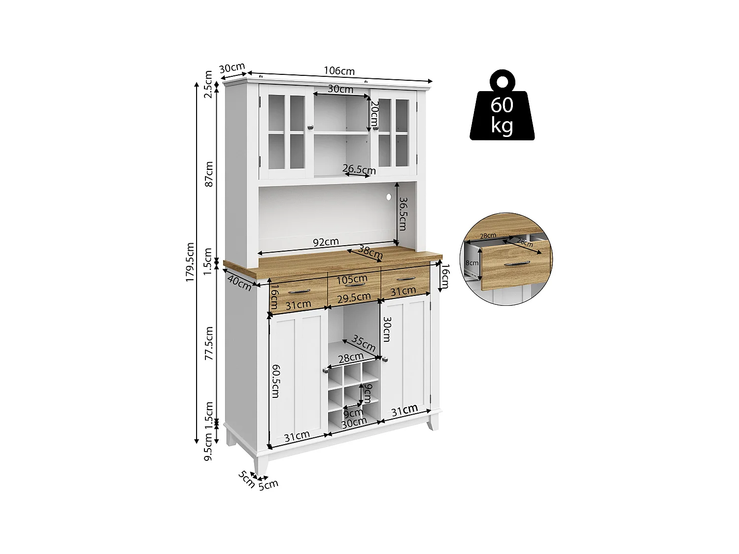 Buffet haut de cuisine avec étagères réglables et éclairage LED – Vitrine moderne avec tiroirs effet bois