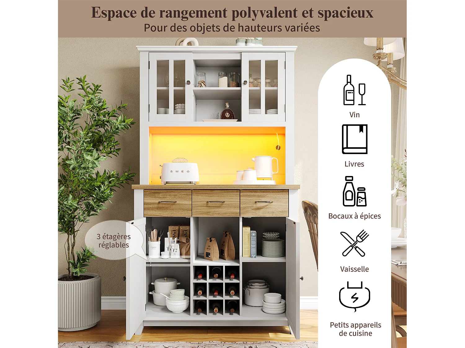 Buffet haut de cuisine avec étagères réglables et éclairage LED – Vitrine moderne avec tiroirs effet bois