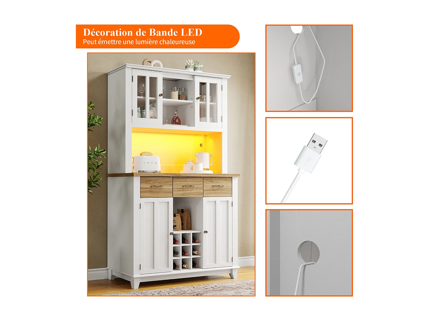 Aparador alto de cocina con estantes regulables e iluminación LED - Vitrina moderna con cajones efecto madera