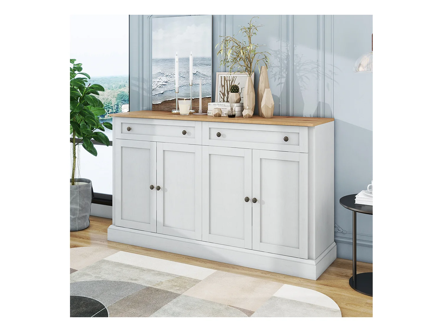 Grand buffet moderne 4 portes 2 tiroirs – 150 x 86 x 40 cm, blanc antique et bois naturel, élégant et pratique pour salle à manger et salon