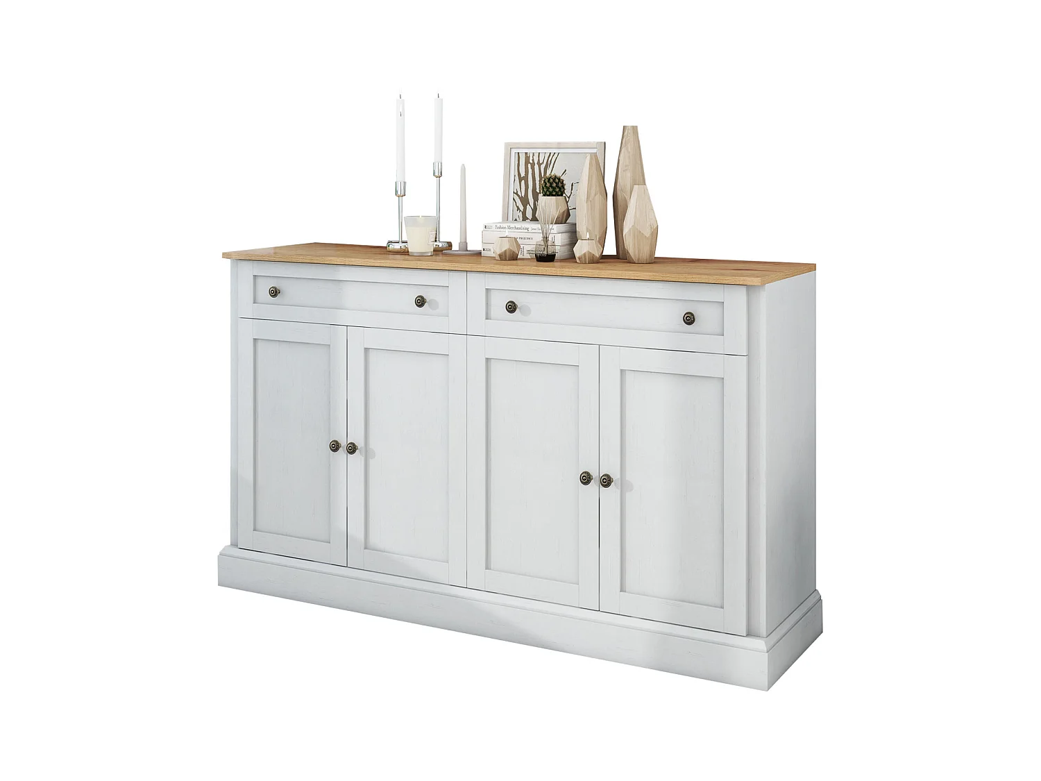 Grand buffet moderne 4 portes 2 tiroirs – 150 x 86 x 40 cm, blanc antique et bois naturel, élégant et pratique pour salle à manger et salon