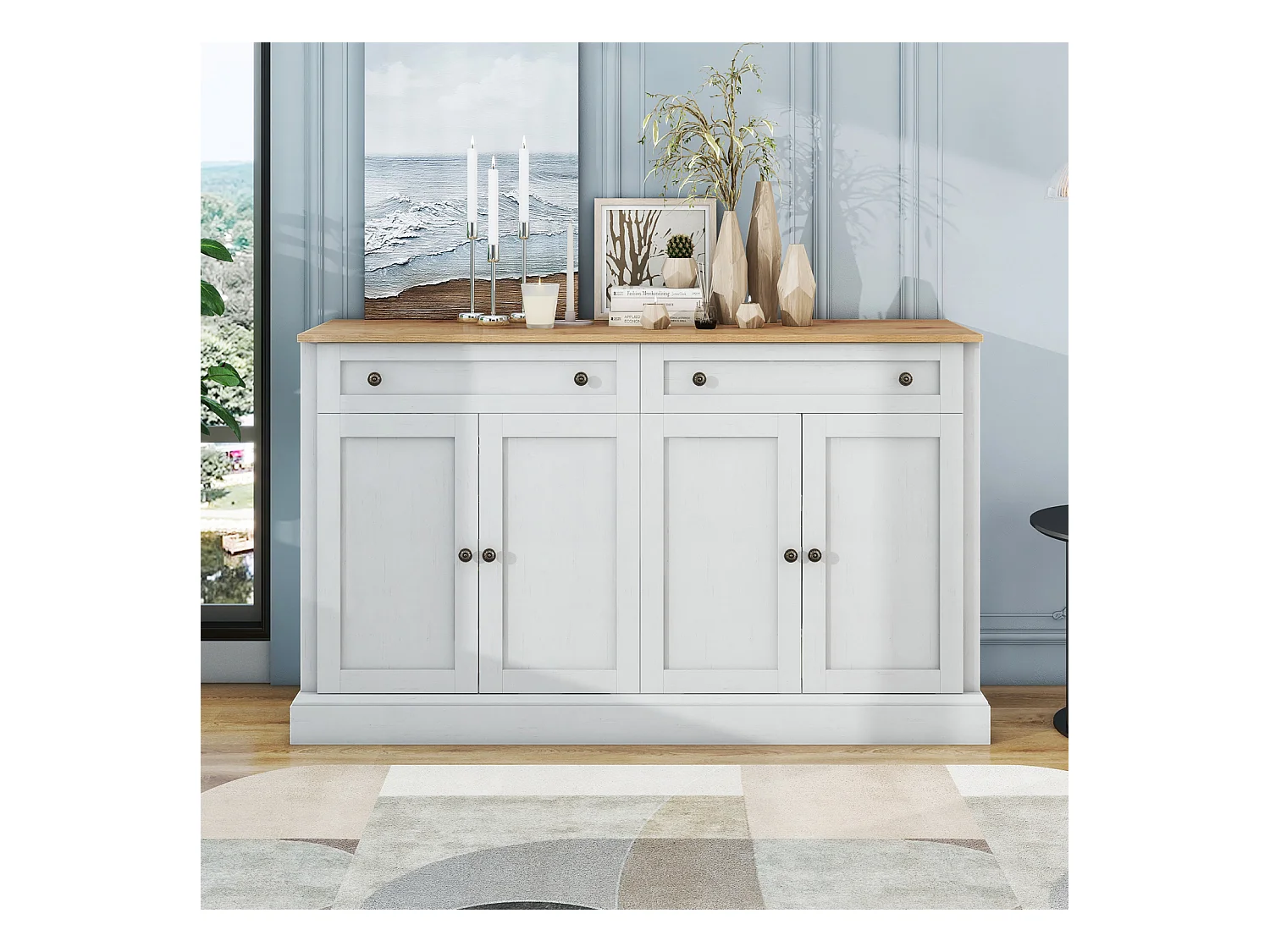 Grand buffet moderne 4 portes 2 tiroirs – 150 x 86 x 40 cm, blanc antique et bois naturel, élégant et pratique pour salle à manger et salon