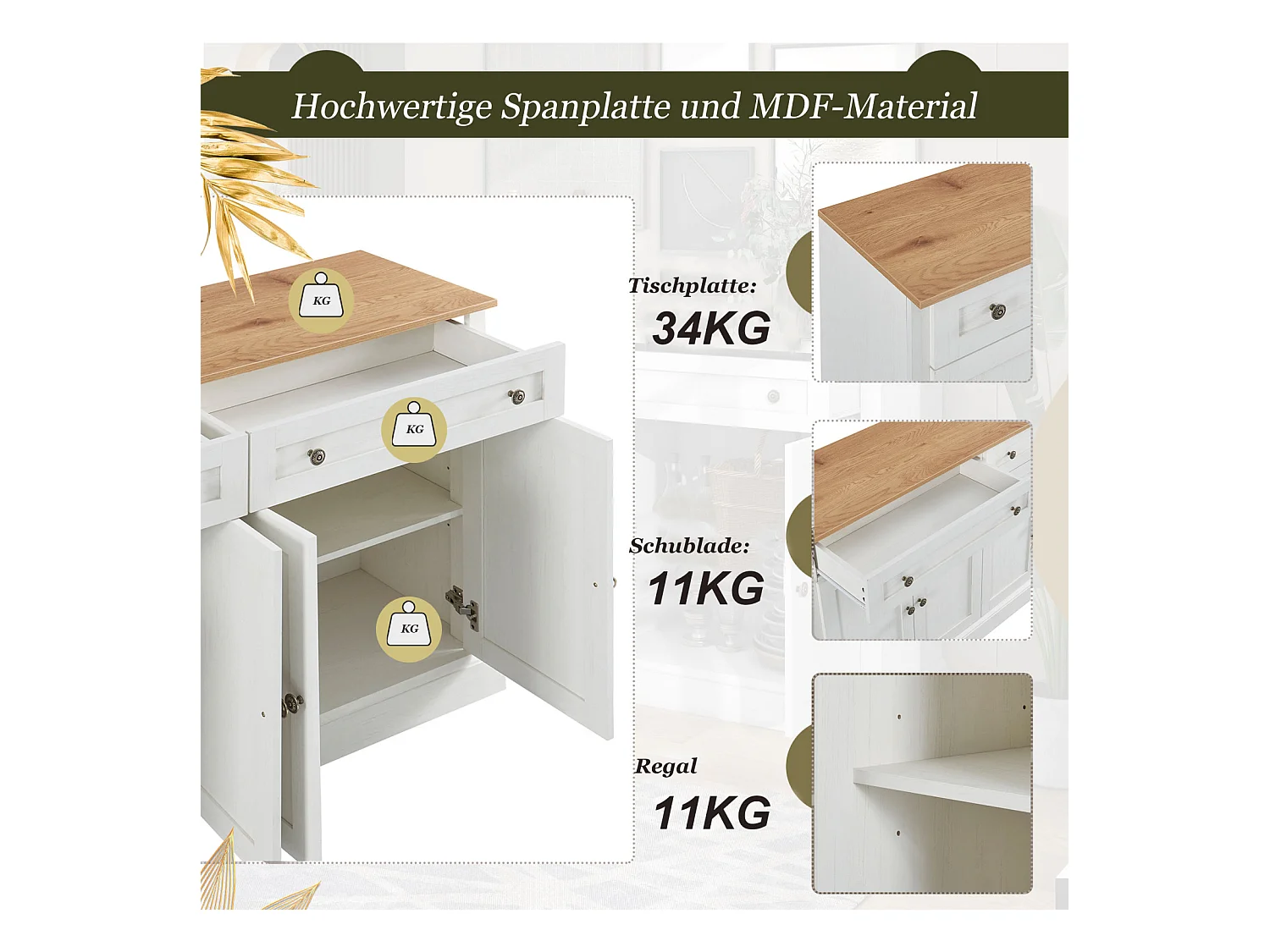 Grand buffet moderne 4 portes 2 tiroirs – 150 x 86 x 40 cm, blanc antique et bois naturel, élégant et pratique pour salle à manger et salon