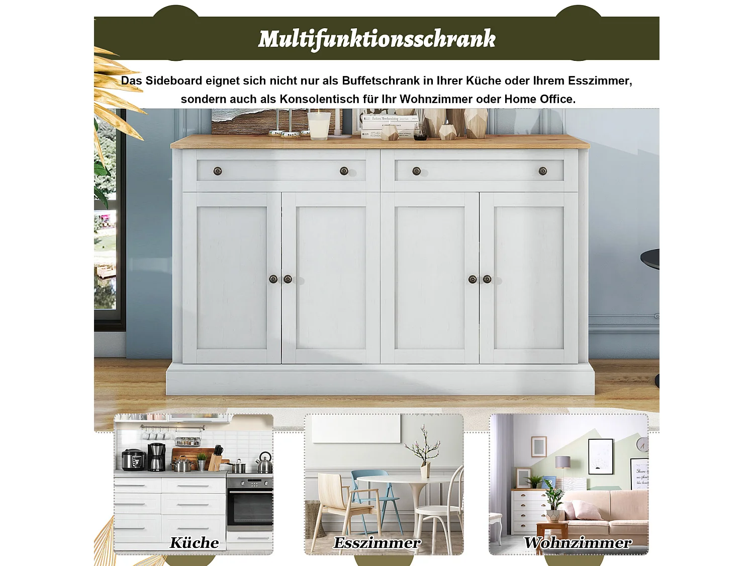 Aparador moderno grande con 4 puertas y 2 cajones – 150 x 86 x 40 cm, blanco antiguo y madera natural, elegante y práctico para comedor y salón.