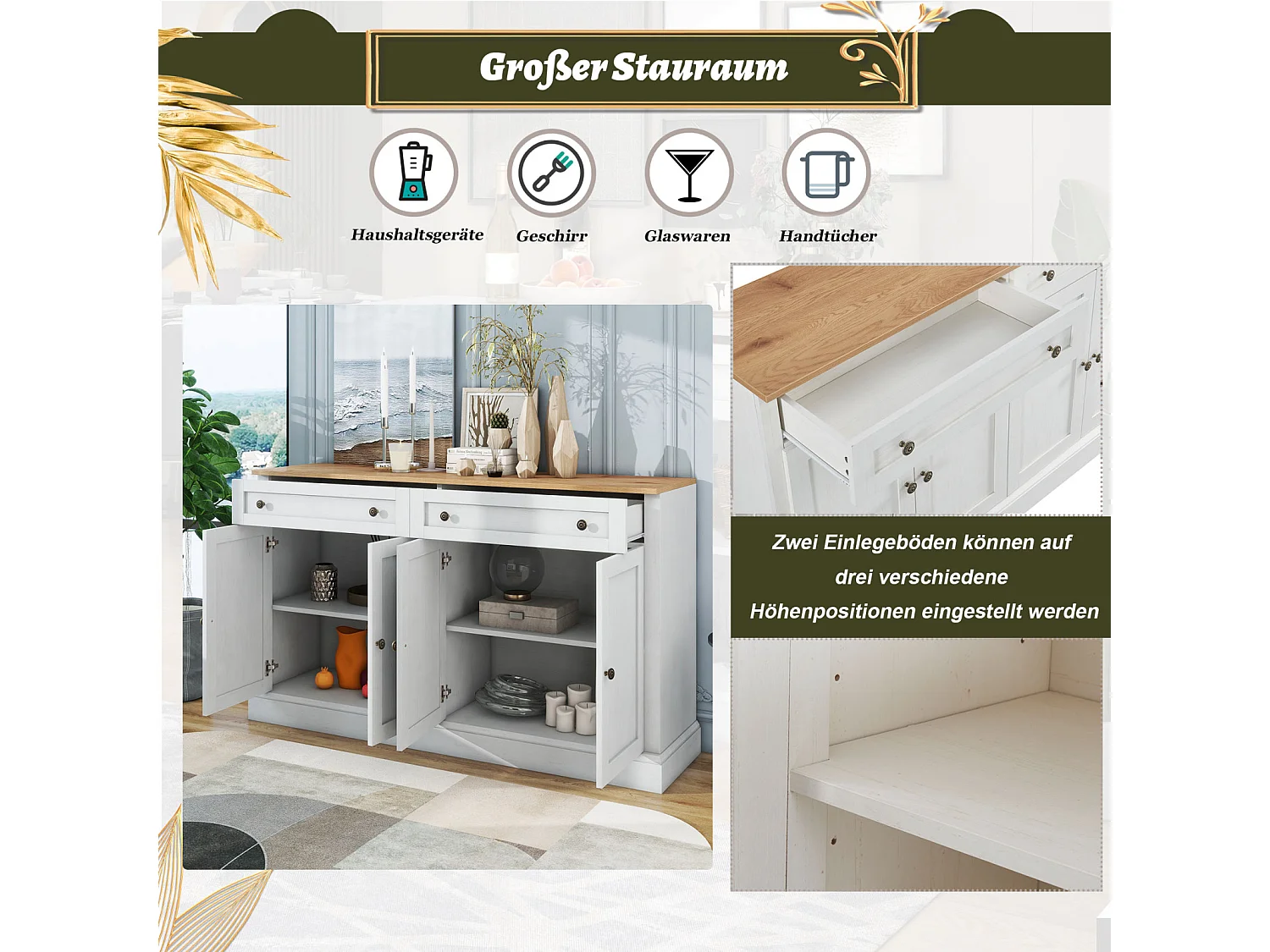 Aparador moderno grande con 4 puertas y 2 cajones – 150 x 86 x 40 cm, blanco antiguo y madera natural, elegante y práctico para comedor y salón.