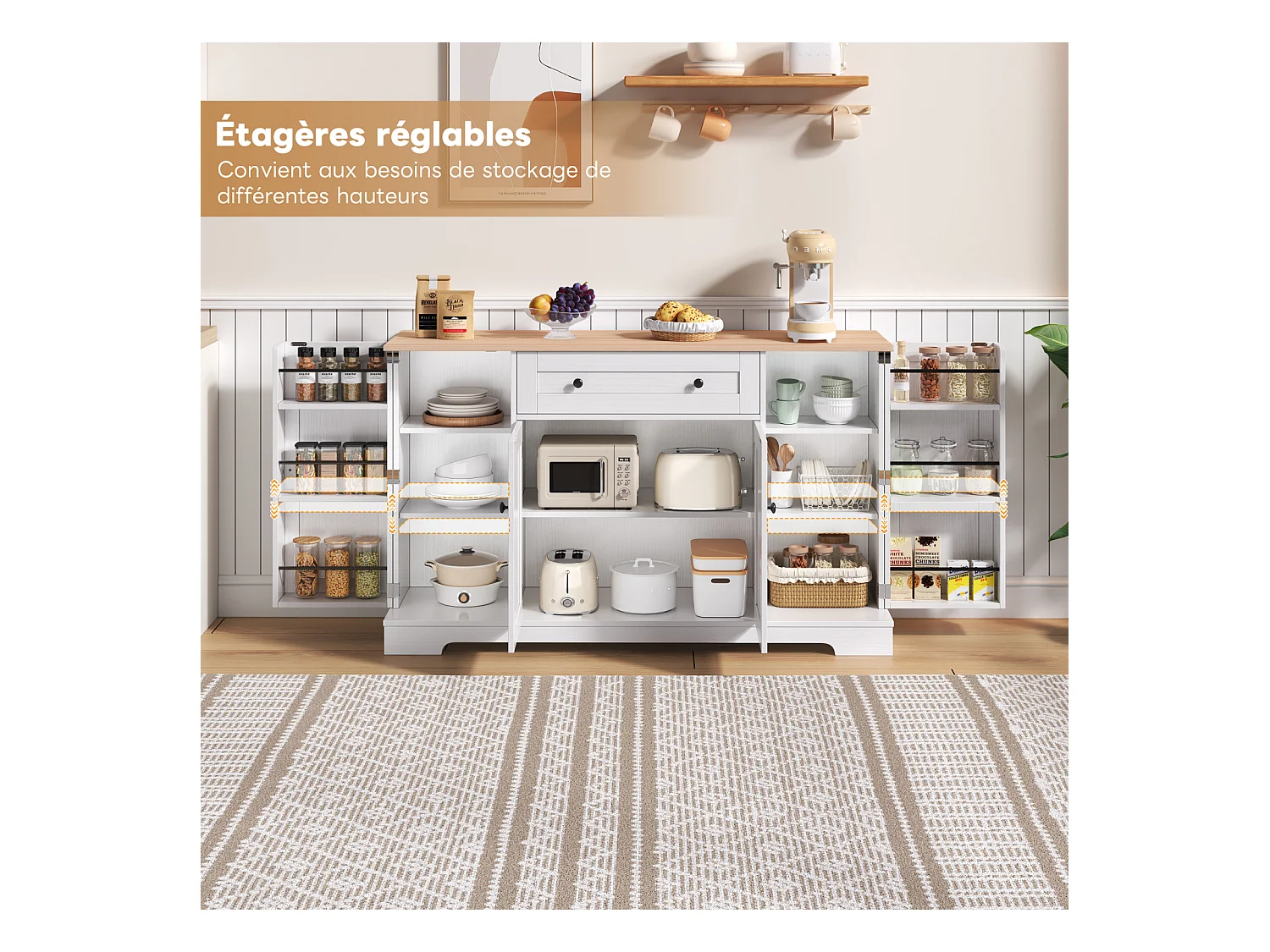Buffet de cuisine multifonction, avec tiroir, portes et étagères réglables, design moderne anti-basculement, idéal cuisine, salon et chambre