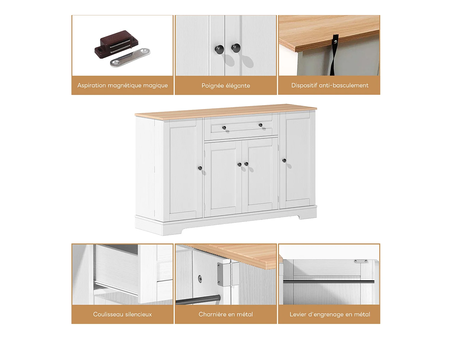 Buffet de cuisine multifonction, avec tiroir, portes et étagères réglables, design moderne anti-basculement, idéal cuisine, salon et chambre