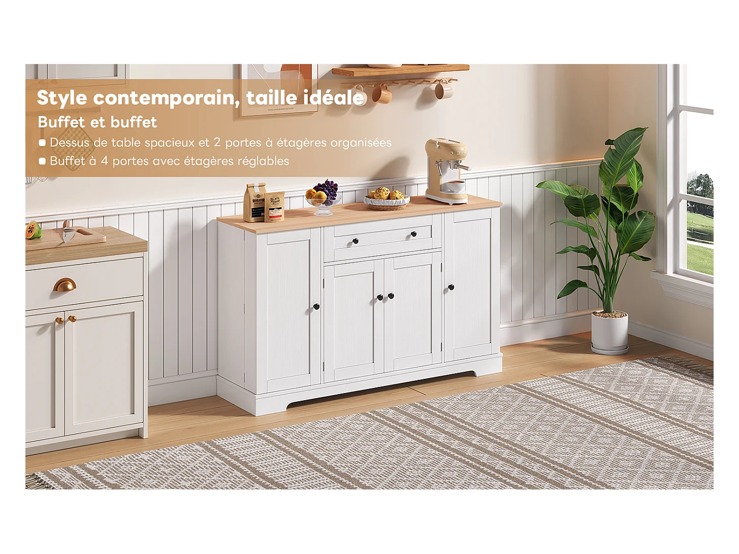 Buffet de cuisine multifonction, avec tiroir, portes et étagères réglables, design moderne anti-basculement, idéal cuisine, salon et chambre