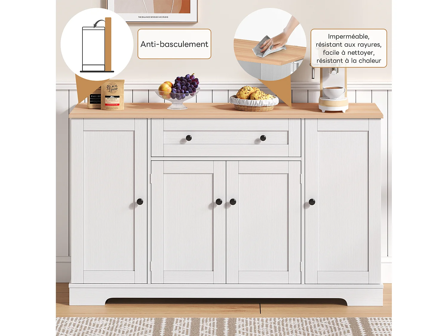 Aparador de cocina multifuncional, con cajón, puertas y estantes regulables, diseño moderno antivuelco, ideal para cocina, salón y dormitorio.