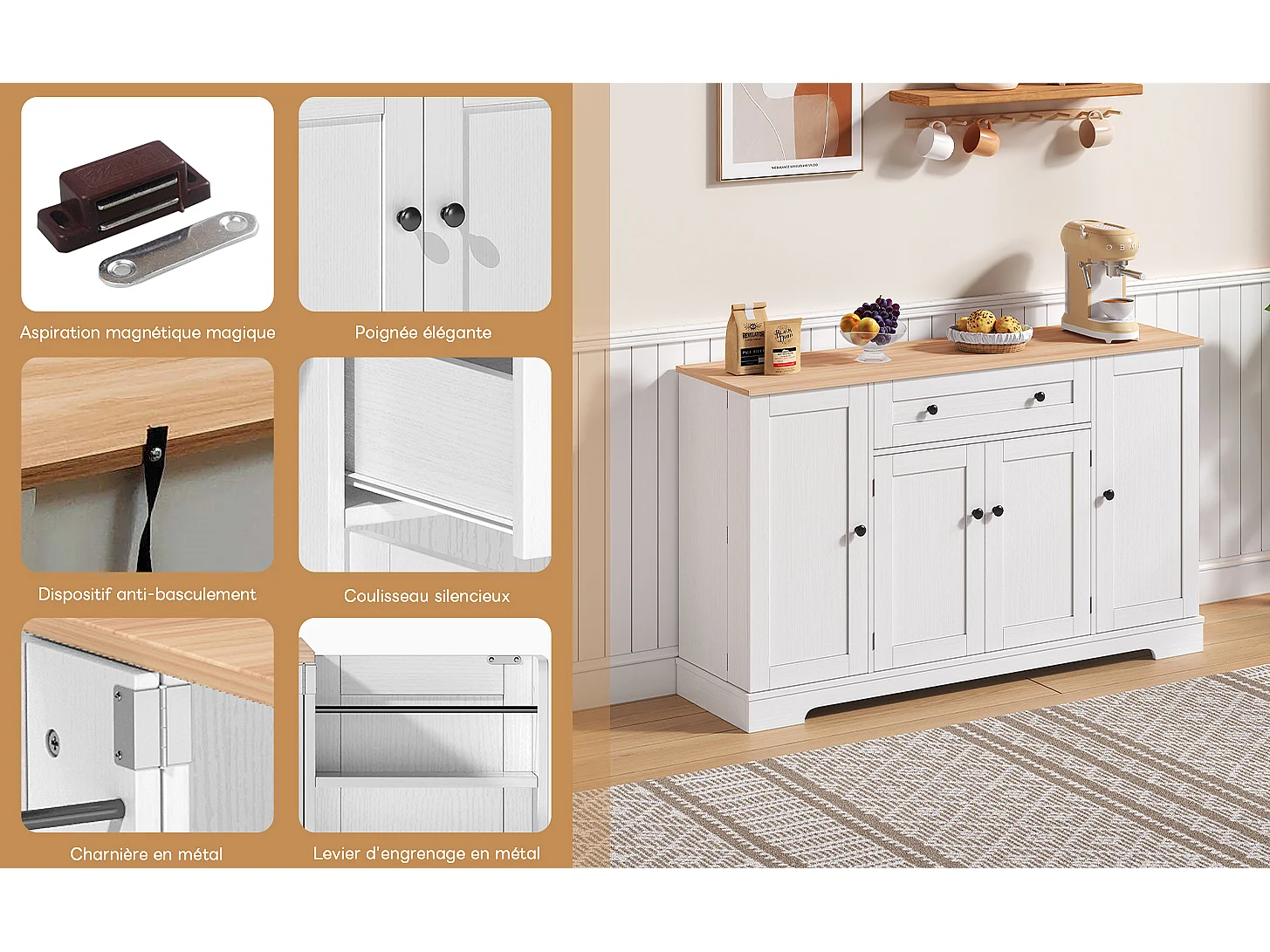 Aparador de cocina multifuncional, con cajón, puertas y estantes regulables, diseño moderno antivuelco, ideal para cocina, salón y dormitorio.