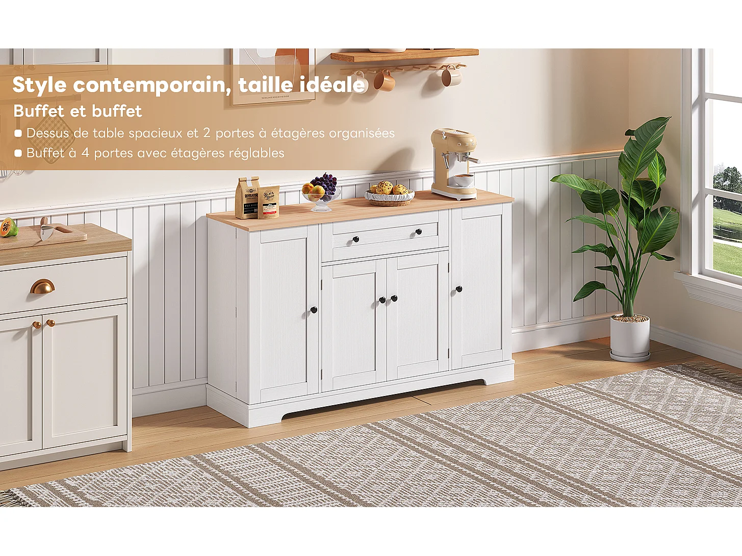 Aparador de cocina multifuncional, con cajón, puertas y estantes regulables, diseño moderno antivuelco, ideal para cocina, salón y dormitorio.