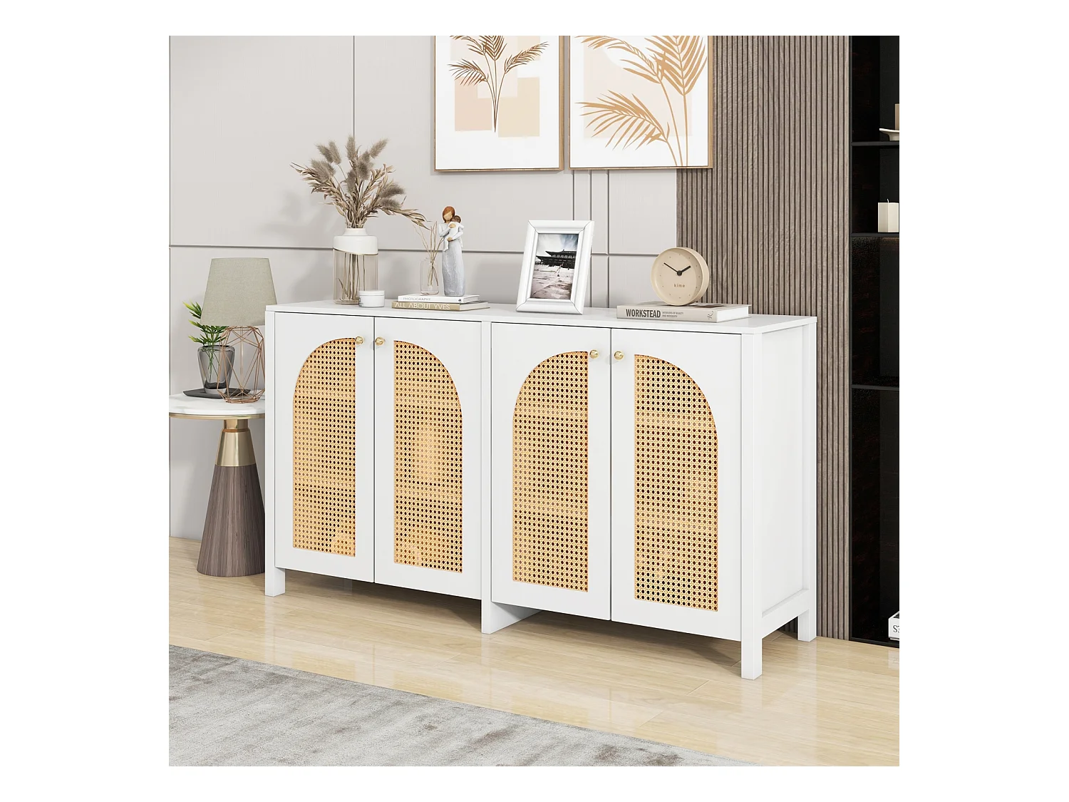 Buffet moderne minimaliste 4 portes en rotin avec poignées métal – Meuble pratique pour salle à manger, salon et cuisine – Blanc