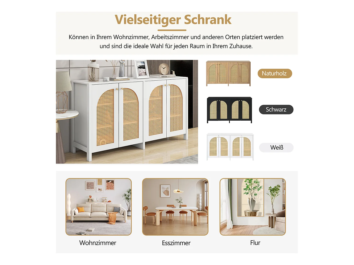 Buffet moderne minimaliste 4 portes en rotin avec poignées métal – Meuble pratique pour salle à manger, salon et cuisine – Blanc