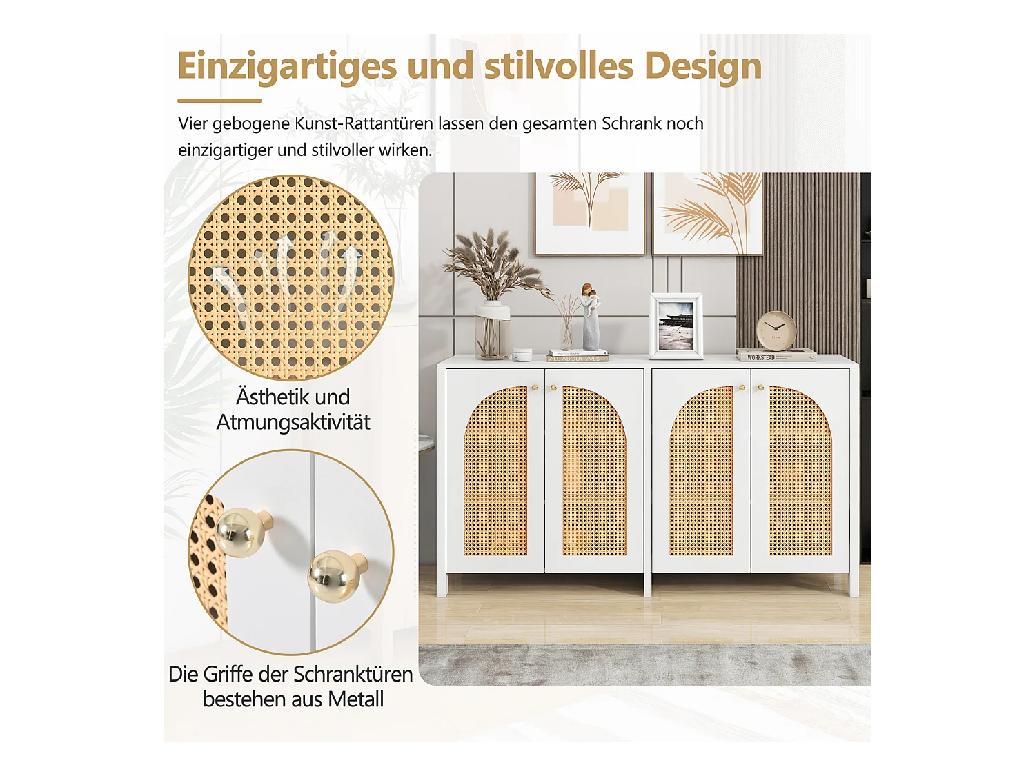 Buffet moderne minimaliste 4 portes en rotin avec poignées métal – Meuble pratique pour salle à manger, salon et cuisine – Blanc