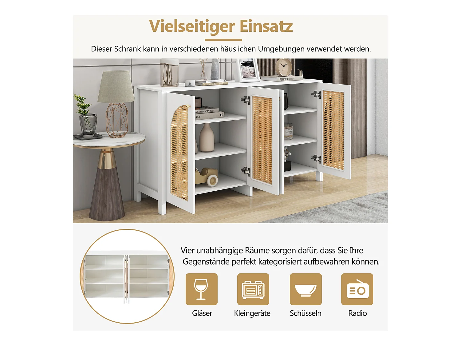 Buffet moderne minimaliste 4 portes en rotin avec poignées métal – Meuble pratique pour salle à manger, salon et cuisine – Blanc