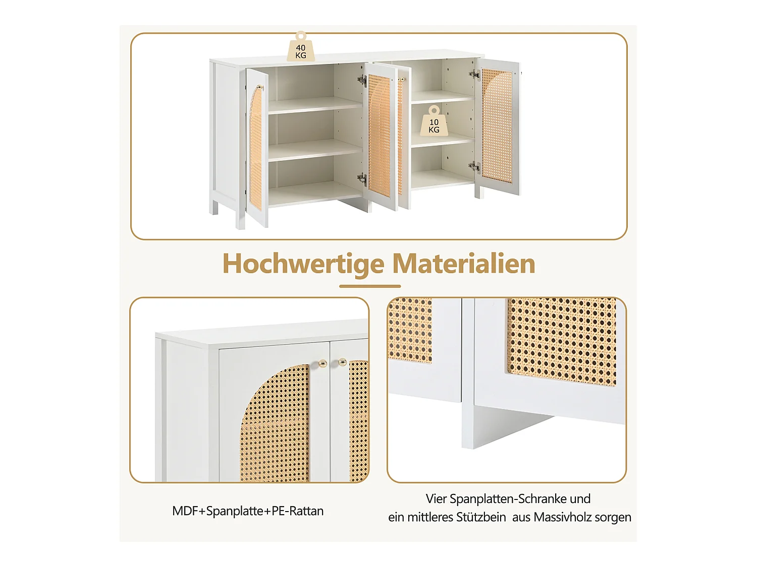 Buffet moderne minimaliste 4 portes en rotin avec poignées métal – Meuble pratique pour salle à manger, salon et cuisine – Blanc