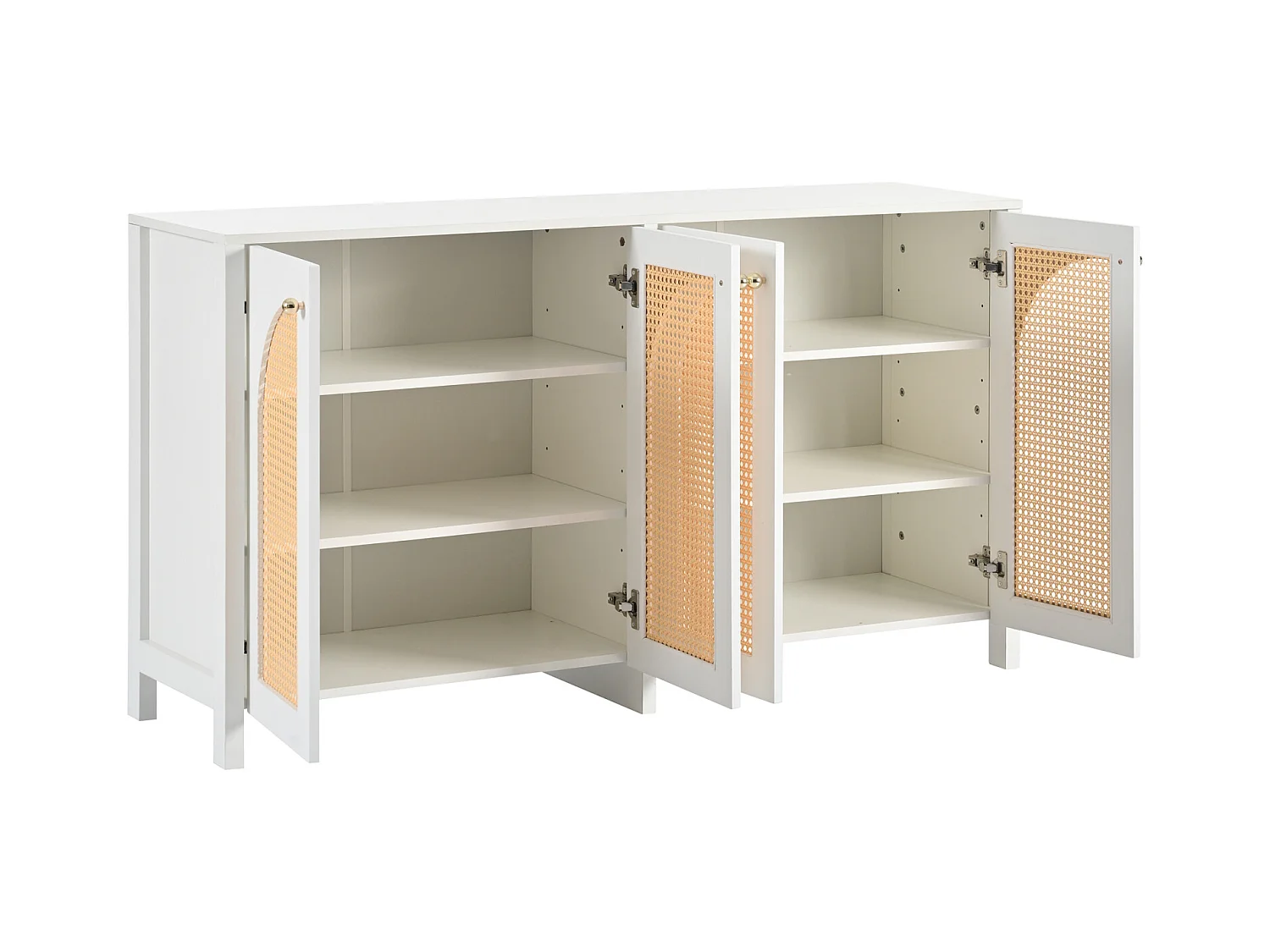 Buffet moderne minimaliste 4 portes en rotin avec poignées métal – Meuble pratique pour salle à manger, salon et cuisine – Blanc
