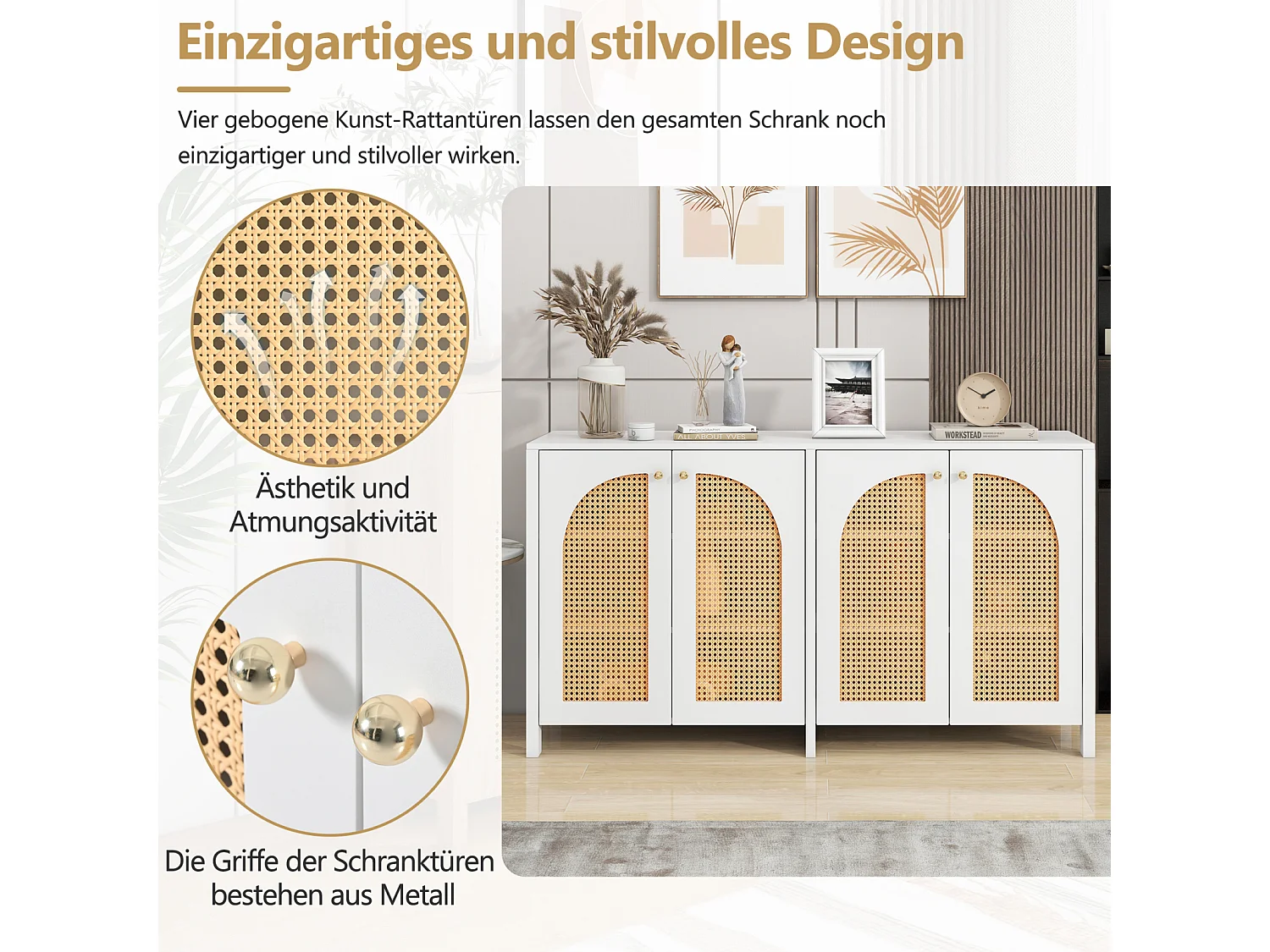 Aparador minimalista moderno de ratán de 4 puertas con tiradores de metal – Mueble práctico para comedor, salón y cocina – Blanco