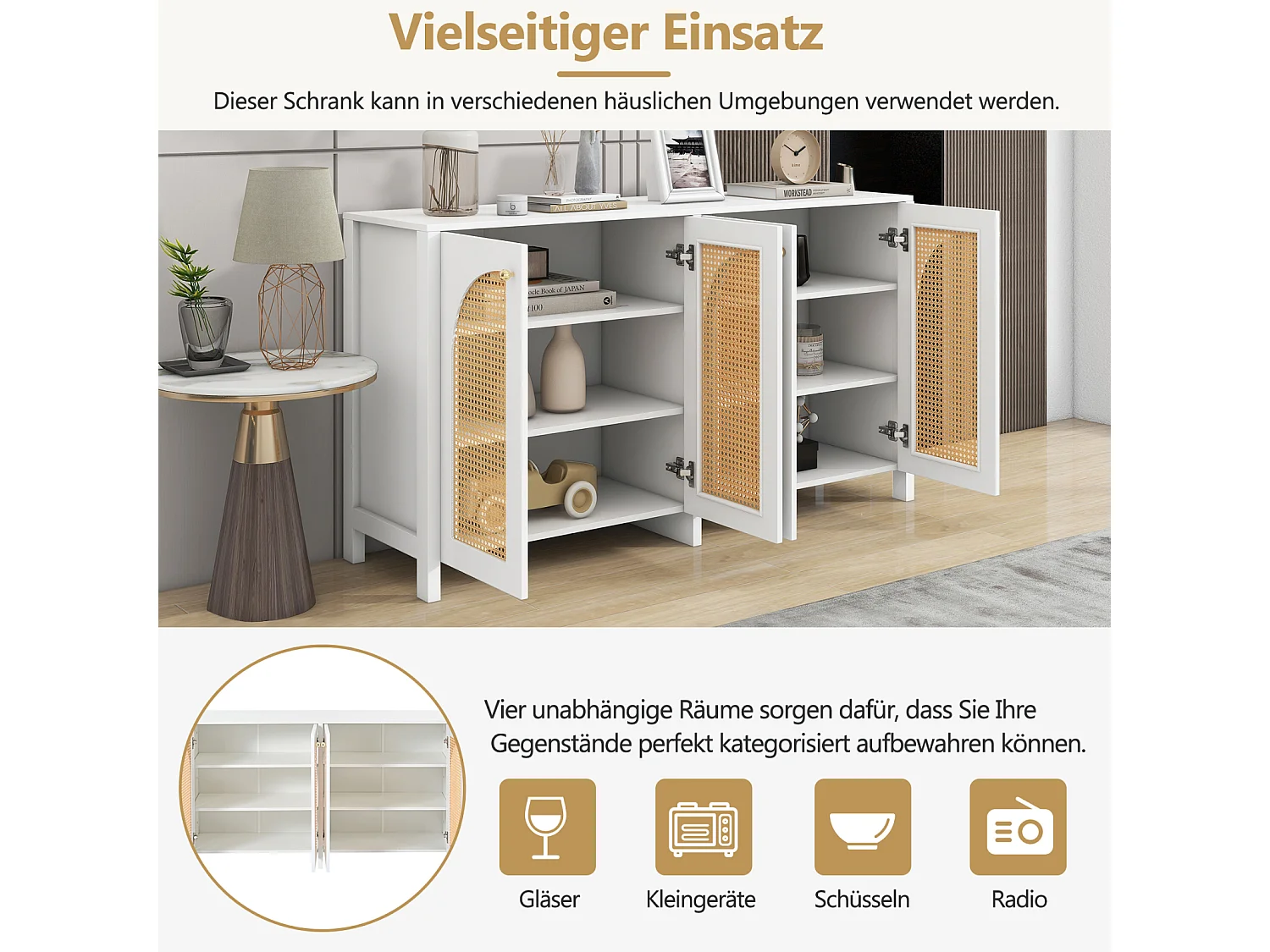 Aparador minimalista moderno de ratán de 4 puertas con tiradores de metal – Mueble práctico para comedor, salón y cocina – Blanco