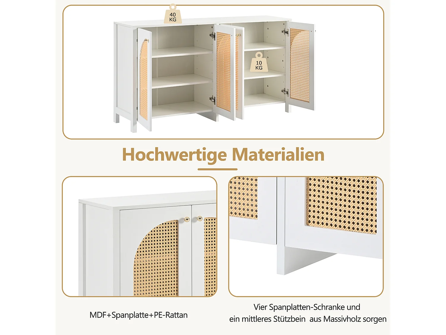 Aparador minimalista moderno de ratán de 4 puertas con tiradores de metal – Mueble práctico para comedor, salón y cocina – Blanco