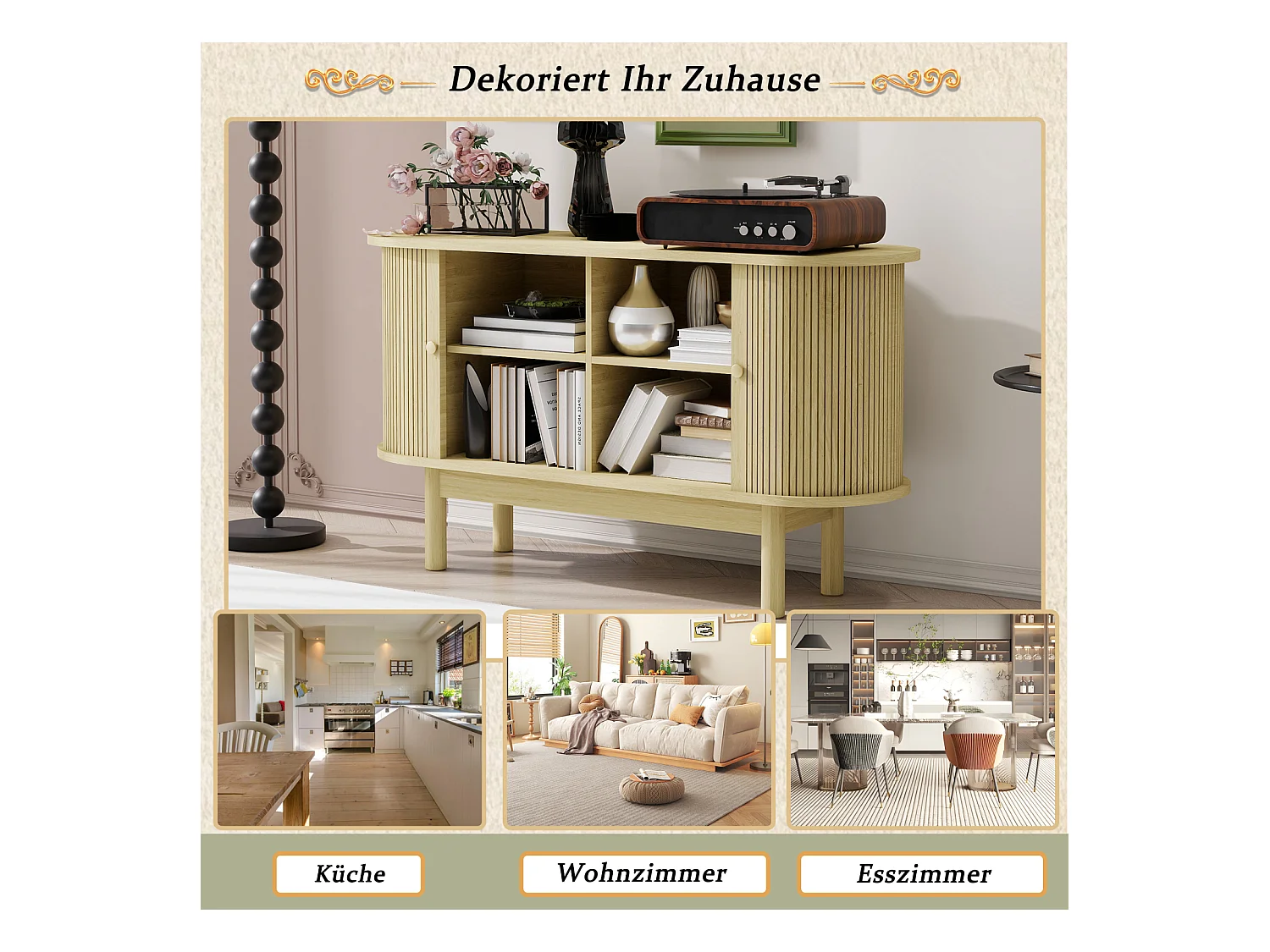 Buffet rétro moderne en bois naturel, portes coulissantes à lames, pieds en pin et étagères réglables, Idéal salle à manger, cuisine ou couloir