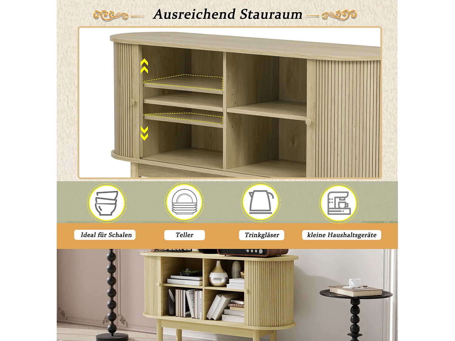 Aparador retro moderno en madera natural, puertas correderas con lamas, patas de pino y estantes regulables, Ideal para comedor, cocina o recibidor