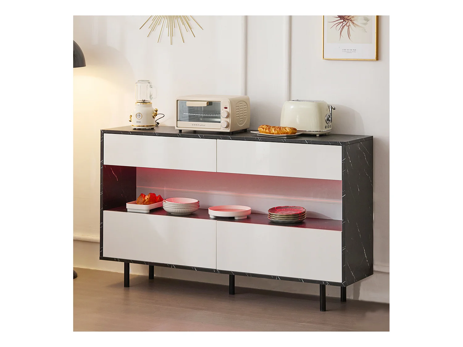 Buffet design marbre noir,  espace ouvert, 4 tiroirs, éclairage LED, structure métallique stable, anti-basculement, idéal cuisine et salon