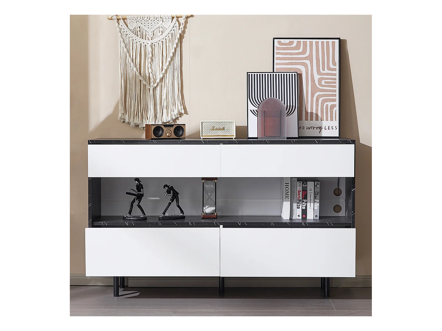 Buffet design marbre noir,  espace ouvert, 4 tiroirs, éclairage LED, structure métallique stable, anti-basculement, idéal cuisine et salon