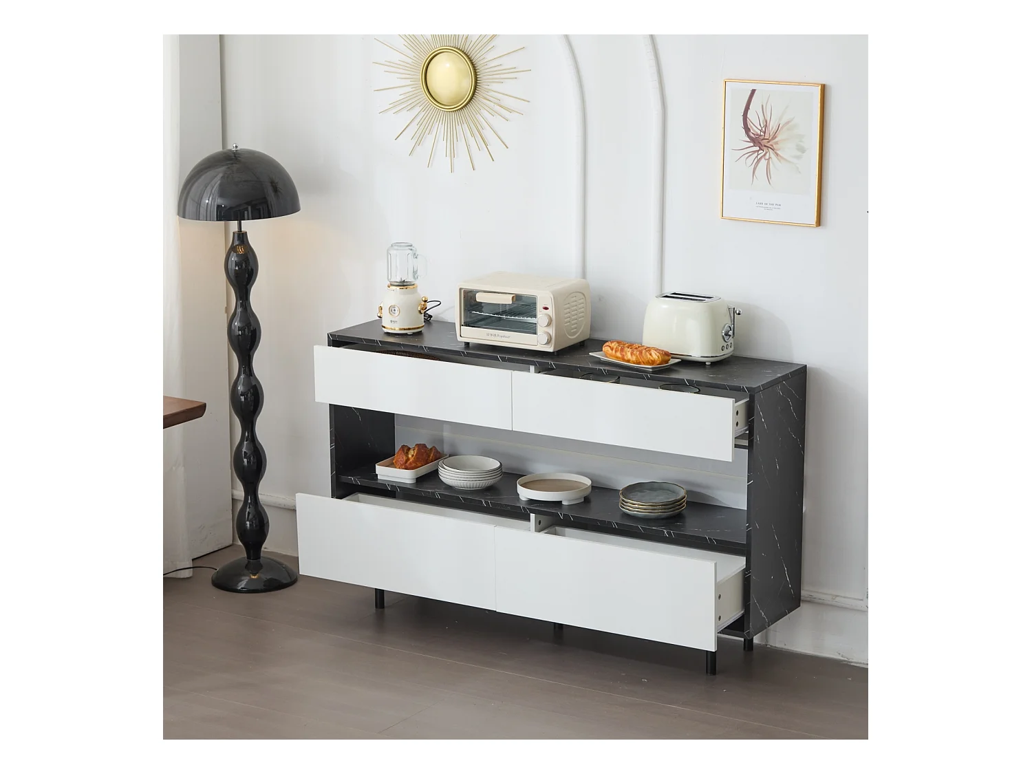 Buffet design marbre noir,  espace ouvert, 4 tiroirs, éclairage LED, structure métallique stable, anti-basculement, idéal cuisine et salon