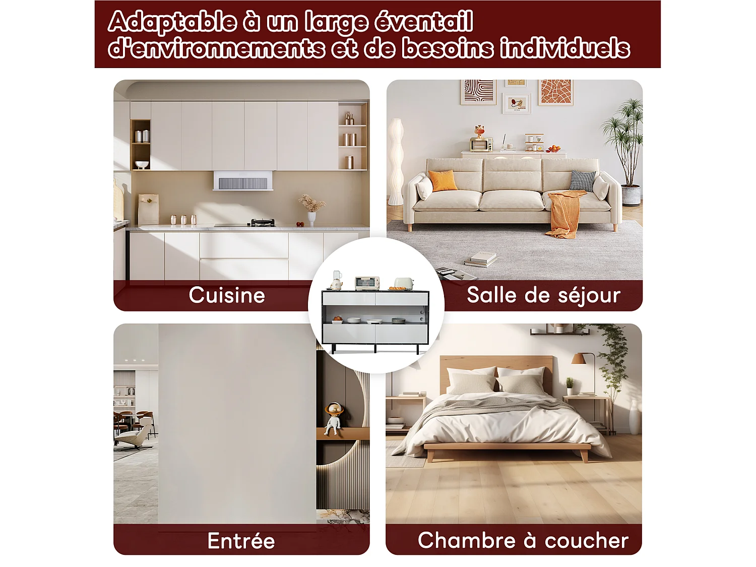 Buffet design marbre noir,  espace ouvert, 4 tiroirs, éclairage LED, structure métallique stable, anti-basculement, idéal cuisine et salon