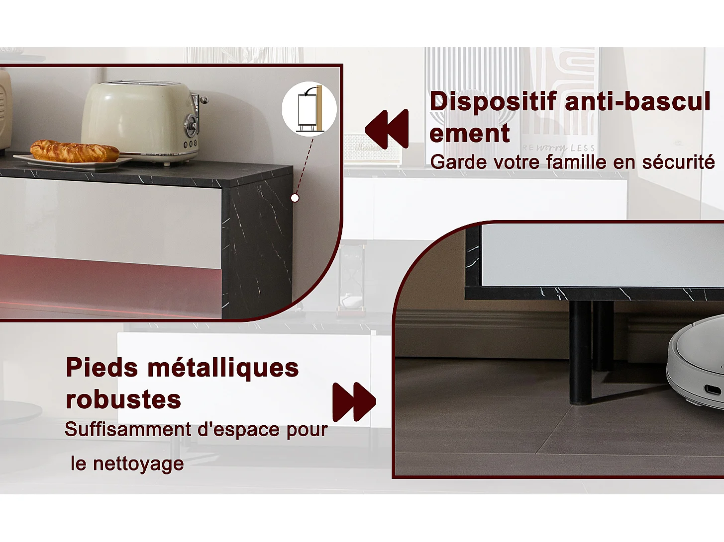 Buffet design marbre noir,  espace ouvert, 4 tiroirs, éclairage LED, structure métallique stable, anti-basculement, idéal cuisine et salon