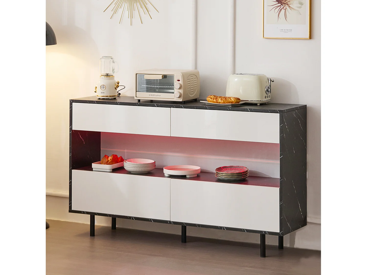 Design dressoir van zwart marmer, open ruimte, 4 lades, ledverlichting, stabiele metalen constructie, kantelbeveiliging, ideaal voor keuken en woonkamer