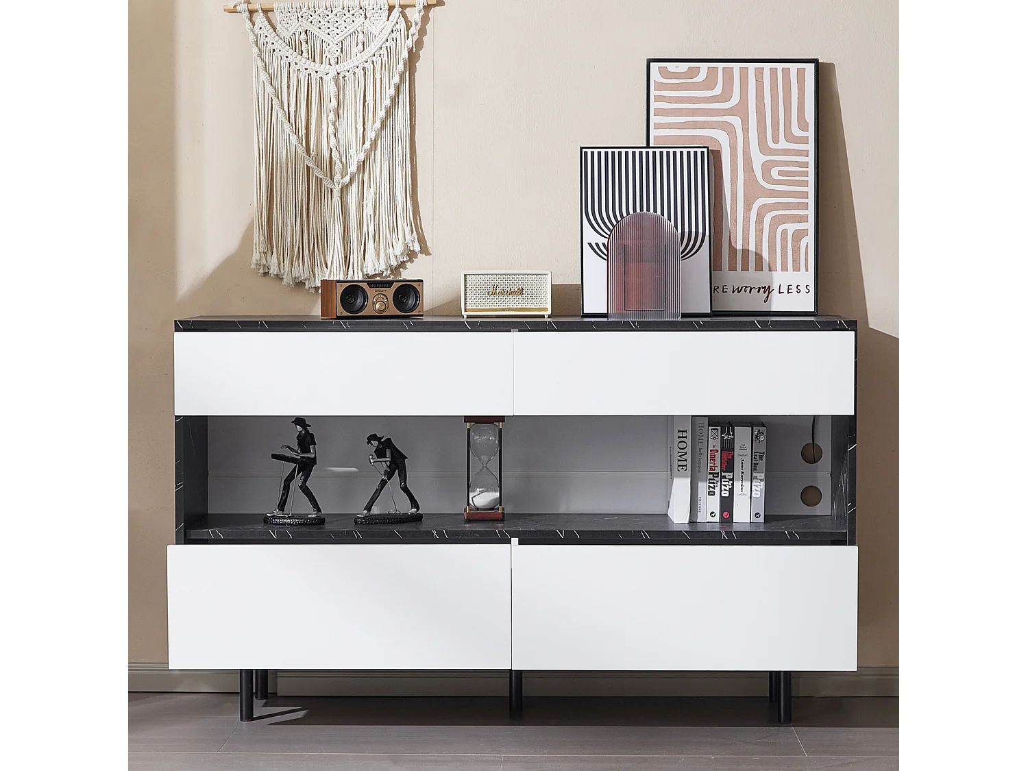 Design dressoir van zwart marmer, open ruimte, 4 lades, ledverlichting, stabiele metalen constructie, kantelbeveiliging, ideaal voor keuken en woonkamer