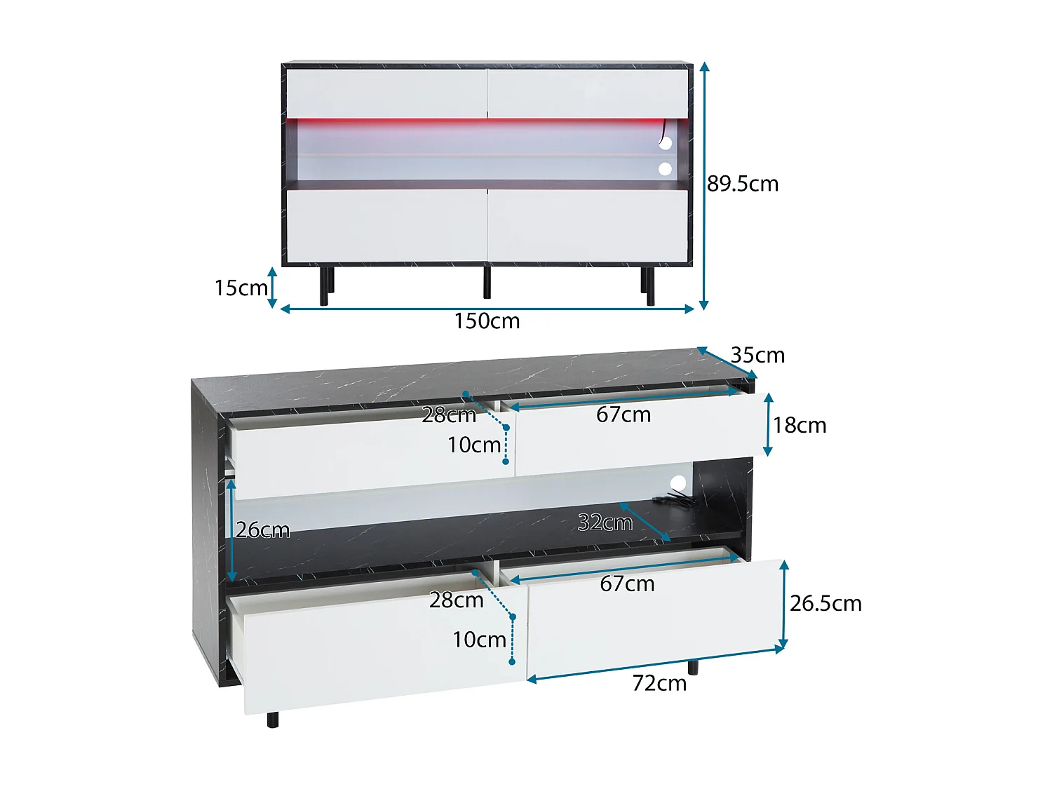 Design dressoir van zwart marmer, open ruimte, 4 lades, ledverlichting, stabiele metalen constructie, kantelbeveiliging, ideaal voor keuken en woonkamer
