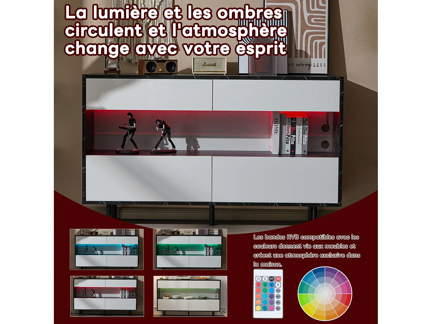 Design dressoir van zwart marmer, open ruimte, 4 lades, ledverlichting, stabiele metalen constructie, kantelbeveiliging, ideaal voor keuken en woonkamer