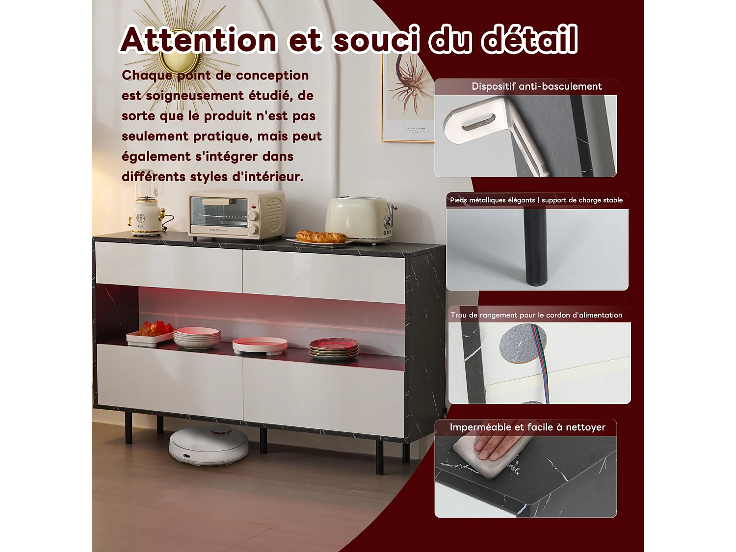 Design dressoir van zwart marmer, open ruimte, 4 lades, ledverlichting, stabiele metalen constructie, kantelbeveiliging, ideaal voor keuken en woonkamer