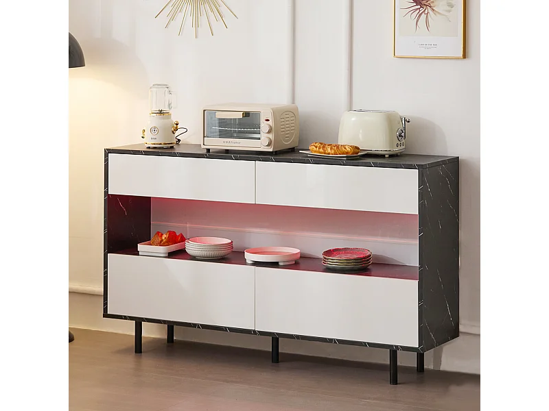 Design dressoir van zwart marmer, open ruimte, 4 lades, ledverlichting, stabiele metalen constructie, kantelbeveiliging, ideaal voor keuken en woonkamer
