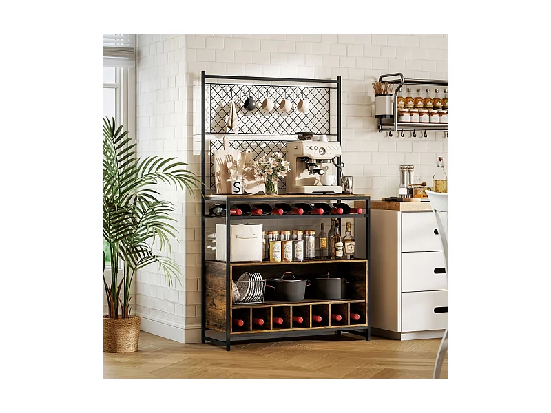 Étagère de cuisine avec plan de travail, Panneaux en métal, 5 crochets – Meuble de rangement pour épices, casseroles et poêles，Marron