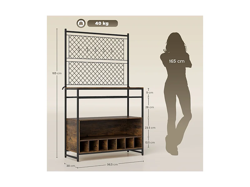 Étagère de cuisine avec plan de travail, Panneaux en métal, 5 crochets – Meuble de rangement pour épices, casseroles et poêles，Marron